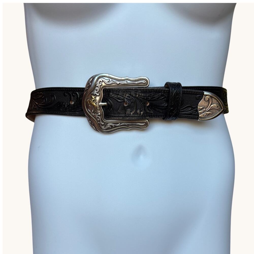 Tony Lama Big Buckle "Westerly Ride" Tooled Leather Belt w Bucking Bronco sz 38
